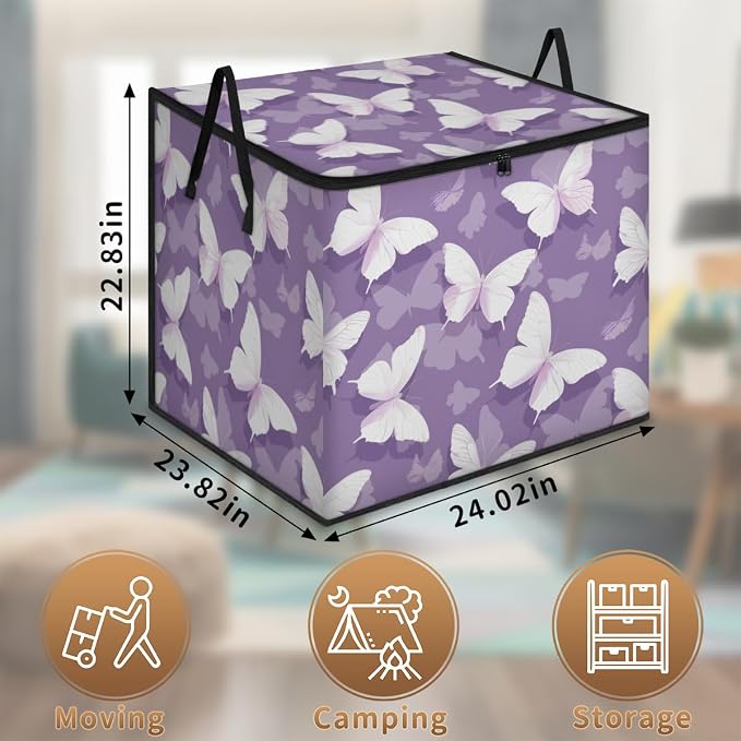 Butterfly Large Storage Bags, Fabric Bed Storage Containers, Foldable Closet Organizers for Blanket, Clothing, Comforter, Bedding, Purple
