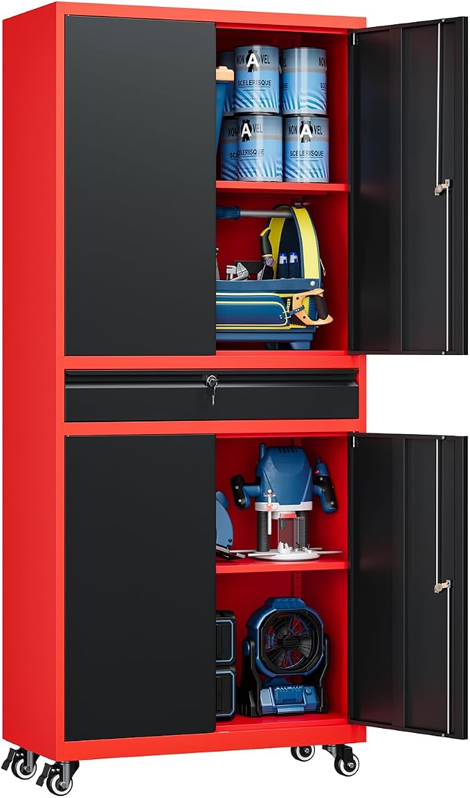 Metal Garage Storage Cabinet with Locking Doors and Adjustable Shelves,- 73" Rolling Tool Storage Cabinet with 4 Wheels and 1 Drawer for Garage,Warehouse (Red Black)