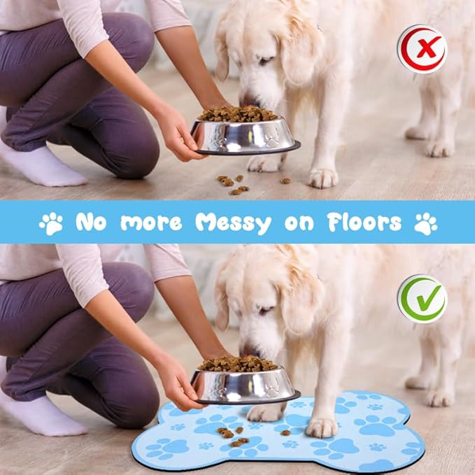 Dog Food Mats for Floors Waterproof, Pet Feeding Absorbent Water Bowl Mat Cat Placemats Blue Bone Shape 25.5 * 17 inch