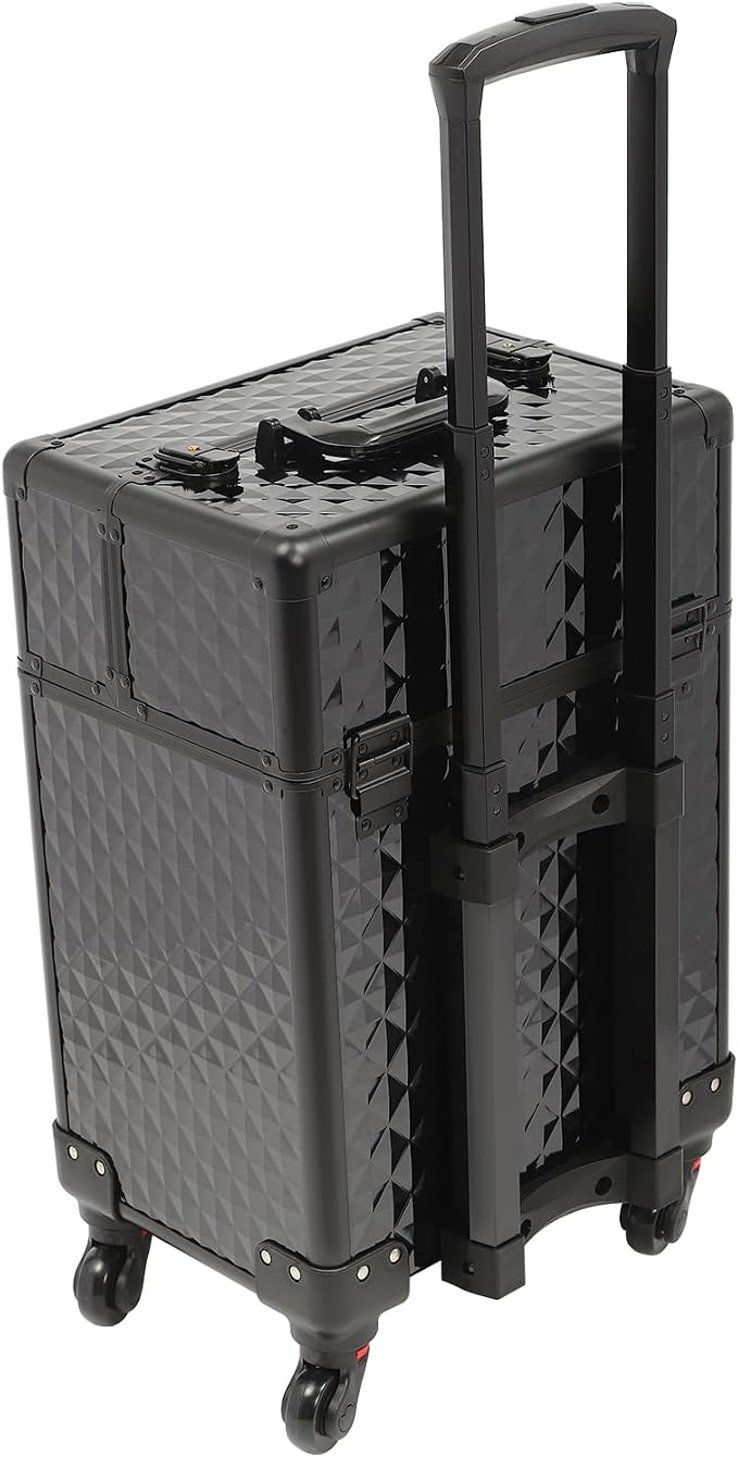 Rolling Makeup Train Case, Nail Cart Organizer with Detachable Wheels &1 Drawer, Lockable Travel Nail Desk, Black Cosmetology Case for Hair Stylists, Pet Groomers, Makeup Artists