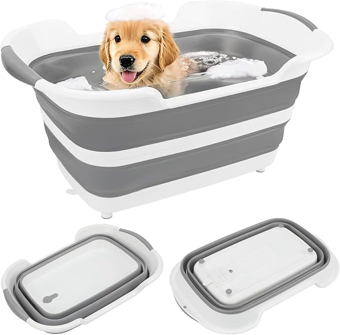 Collapsible Dog Bathtub, 7.1 Gal / 27 L Pet Bath Tub, Puppies Cats | 23.8 x 15.6 x 11.6 in Size, Folds to 3.34 in, Drain Plug with Hair Collector, Non-Slip Feet, TPE/PP Tub, Under 30 lb Pets