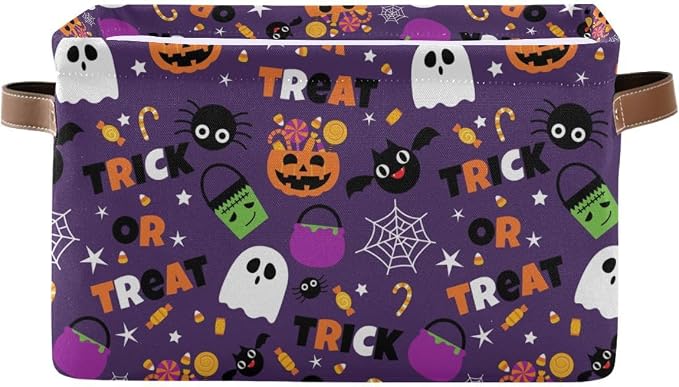 Happy Halloween Purple Storage Basket Fabric Kitchen Baskets Pumpkin Skull Ghost Bat Trick or Treat Open Home Storage Bins Boxes Foldable for Candy Toy Decorations Baskets 2 Pack 16×12×8 Inches