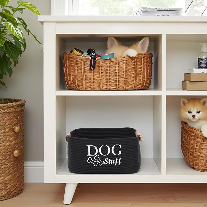 Morezi D og toy basket storage large bin pet puppy toy box in cotton rope perfect for organizing pet toys blankets leashes clothing doggie stuff - Black