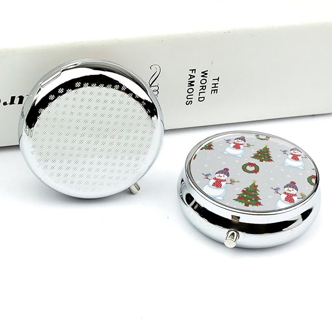 Travel Medicine Box, Christmas Snowman Round Small Organizer, Metal Pill Case for Fish Oil, Portable Dispenser Purse Pocket for Commuters