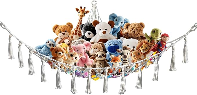 Stuffed Animal Hammock Corner with hooks Soft Fabric Hanging Bed for Plush Toys, Toy Storage Organizer Playroom Decor (Beige with Beads)
