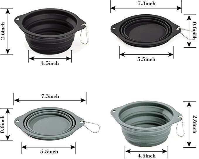 2 Pack Silicone No Spill Collapsible Travel Dog Feeding Bowls | Food-Grade Silicone, BPA Free, Travel Pet Bowls, with Carabiner Clip for Hiking, Durable & Quality, Dishwasher Safe