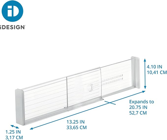 iDesign Plastic Adjustable Deep Drawer Divider, Kitchen, Dresser, Desk, Bathroom and More, The Linus Collection – Set of 2, Expandable 13.25” – 20.75”, Clear | Expandable, 13.25"x4.10"x1.25", Clear