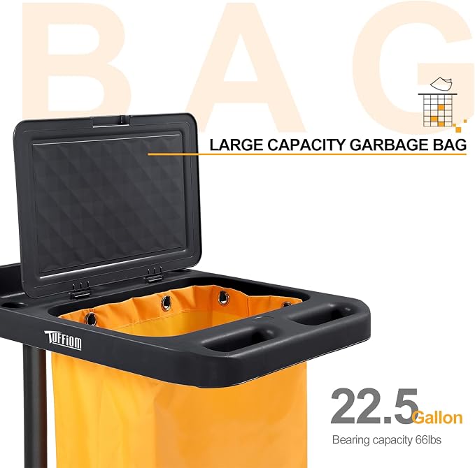 TUFFIOM Extra Large Commercial Traditional Cleaning Janitorial 3-Shelf Cart, 500 Lbs Capacity Housekeeping Cart, 42.5" L x 18.7" W x 37.6" H, Wheeled with 22 Gallon Yellow VinylBag Cover w Lid, Black