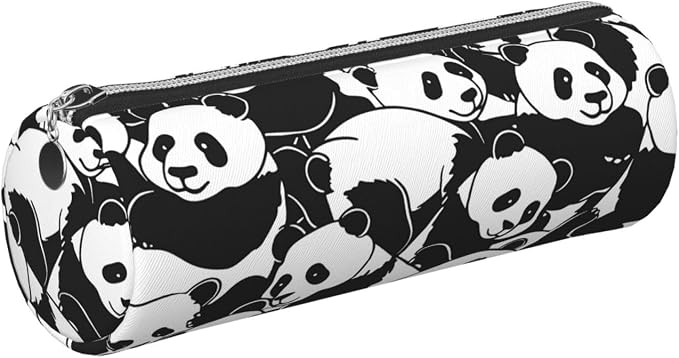 OSAM SPACE Leather Pencil Case Round Pencil Bag Cute Panda Pen Organizer Holder Portable Zipper Pouch Cute School Supplies for Girls Boys Study Office