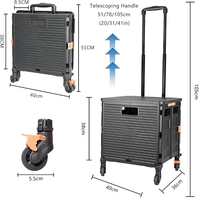 FELICON SELORSS Foldable Utility Cart Folding Portable Rolling Crate-Black | Heavy Duty,Telescoping Handle,4 Rotate Wheels,Collapsible Handcart for Travel Shop Move Luggage Laundry Teacher Office Use