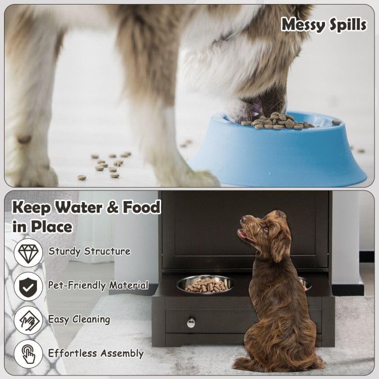 Pet Feeder Station with Stainless Steel Bowls, 32.5" Elevated Dog Food Storage Cabinet with Pull-Out Drawer, Wall-Mounted Pet Feeding Station Organizer for Food & Accessories (Coffee)