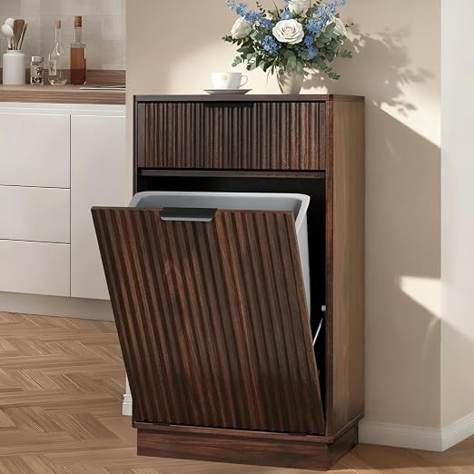 10 Gallon Tilt Out Trash Can Cabinet,Fluted Tilt Out Laundry Hamper Cabinet with Drawer,Wooden Trash can for Kitchen and Living Rooms