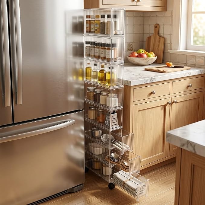 Slim Storage Cabinet with Wheels, Space Saving Narrow Rolling Cart, Thickened PET Transparent Drawer Organizer, Mobile Bathroom for Small Spaces Kitchen Laundry(Clear White,3.9*15.9*59.7in)