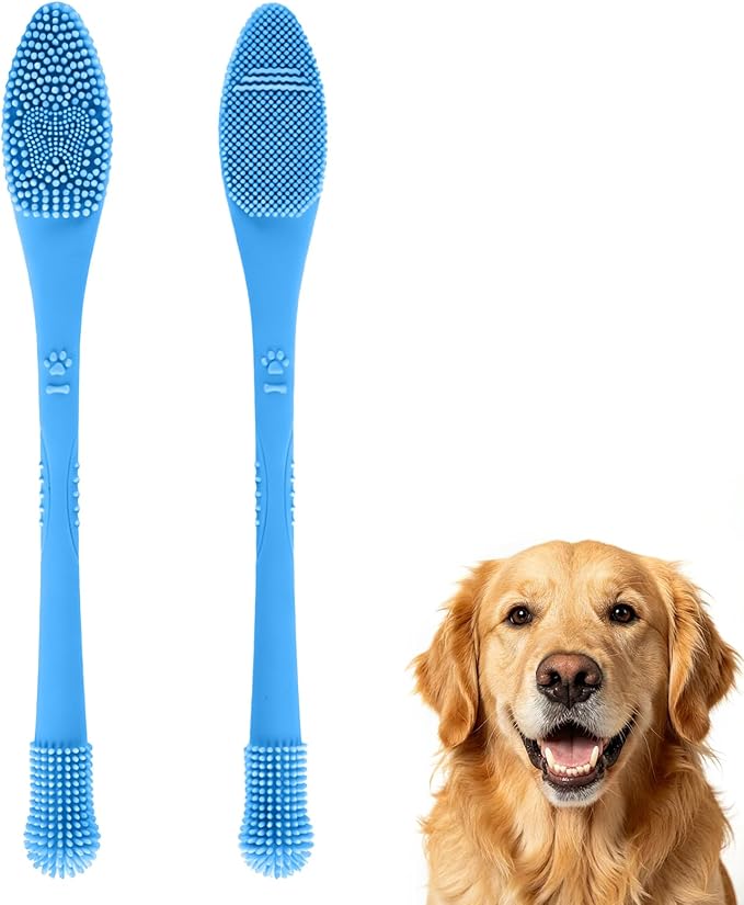 Dog Toothbrush，2-piece Dog Tooth Brushing kit，cat Toothbrush,Food-Grade Silicone Dog Tooth Brush for Cleaning Teeth Suitable for Small，Medium and Large Pets (Blue)