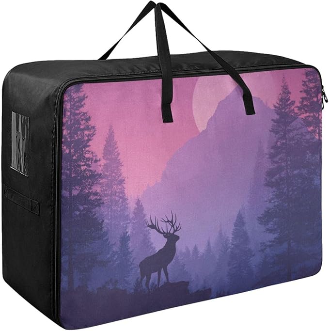 Comforter Storage Bags Large Folding Blanket Organizer Bag with Strong Handles Clear Window Closet Storage Containers for Clothes King Queen Pillows Bedding Quilt Duvet Purple Christmas Sunset