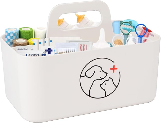 Dog Storage Organizer for Nursing Supplies,Portable Caddy for Pet Stuff,Divided Storage Bin for Dog Cat Feeding Bottle/Pet Pill Shooter/Whelping Kit-Bathroom,Countertop Storage-White