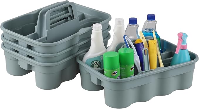 Plastic Cleaning Caddy Set, 2-Compartment Tool Caddy | 4-Pack, Sturdy Grey Plastic, Carry Handle, Ideal for Cleaning Supplies, Craft, and Organizer Storage