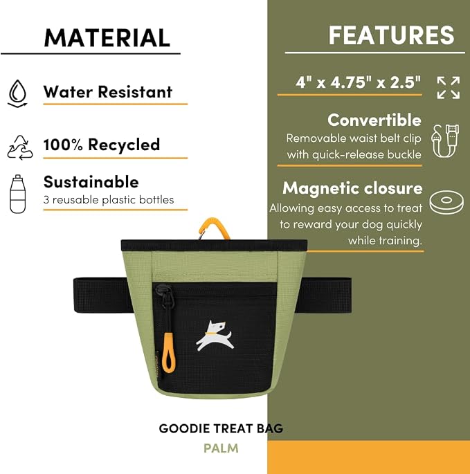 OllyDog, Goodie Treat Bag, Dog Treat Training Pouch | Magnetic Closure | 3 Ways to Wear | Hands-Free Waist Belt | Water-Resistant Recycled Vegan Fabric (Palm)