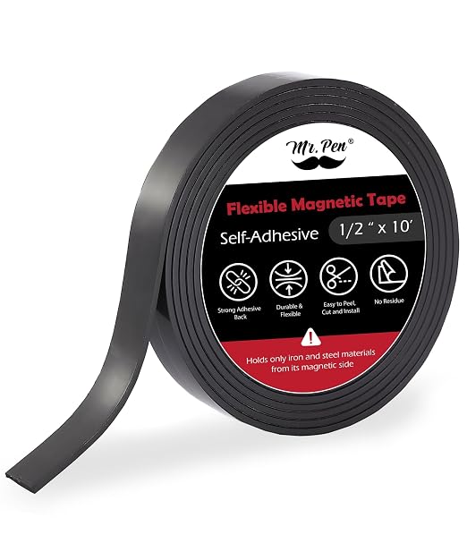 Mr. Pen- Flexible Magnetic Tape, 1/2 Inch x 10 Feet, Magnetic Strip | Magnets with Adhesive Backing, Magnetic Strips with Adhesive Backing, Magnet Tape, Magnetic Tape Roll
