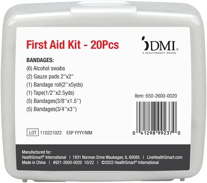 DMI First Aid Kit, Mini 20 Piece Kit, Small and Compact All Purpose Use for Minor Cuts and Scrapes, Durable Water Resistant Case, Convenient and Portable, White, 1 Count