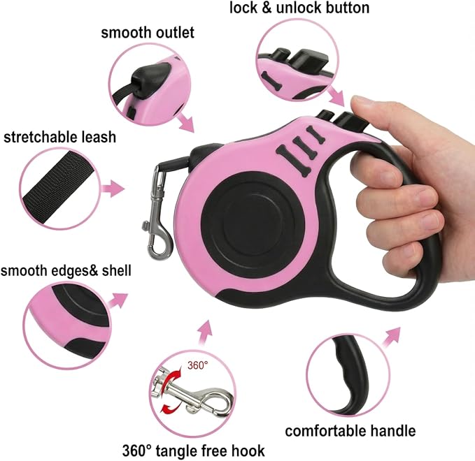 PETIMP Retractable Dog Leash Lightweight 16FT Leash Set | with Folding Bowl, Dispenser, Waste Bags, for Small Medium Dogs (Pink)