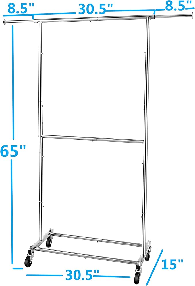Simple Trending Clothing Garment Rack, Extensible Clothes Rack, Chrome | Double Rod Portable Closet, Adjustable Middle Rod, Bottom Shelf, Multiple Uses, 360° Wheels, Bedroom, Laundry Room