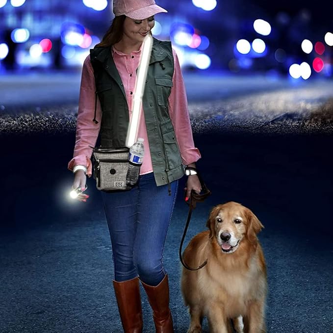 Mobile Dog Gear Dog Walking Fanny Pack (6"x7", Heathered Gray) - Dog Training Treat Pouch with Poop Bag Dispenser & Bags, Reflective Wrist Straps, Adjustable Shoulder Strap, Flashlight, Bottle Pocket