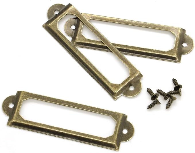 50 Pcs Label Holders Library File Drawer Tags Label Holder Metal Frame Name Card Frame for Drawer Cabinet (Bronze)