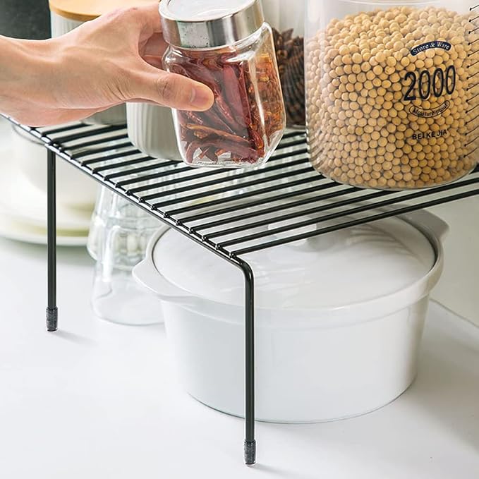 Tomorotec Expandable Cabinet Shelf Organizer, Metal Kitchen Pantry, Black | Extendable from 12.3 to 22.5 in with Heavy Duty Steel Frame and Anti Slip Feet for Bathroom or Closet