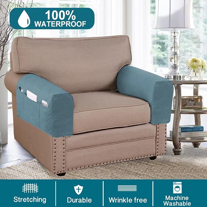 Water Resistant Arm Covers Couch Armrest Covers for Sofa Remote Control Holder Sofa Armrest Organizer for Magazine, Tablet, Phone, iPad (Blue)