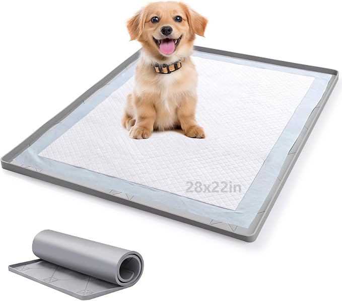 ondware Dog Pee Pad Holder, Silicone Potty Tray for Dogs, 28 x 22 in, Gray | Thick silicone, raised leakproof edge, fits most standard pee pads, easy-clean waterproof mat, roll-up portable design