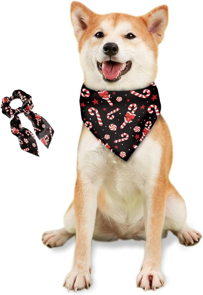 COEQINE Christmas Winter Dog Bandanas Bulk with Bow Hair Tie Pattern Dogs Birthday Bandana Xmas Candy Black Cute Holiday Costum Kawaii Dog Outfit for Small Medium Large Puppy