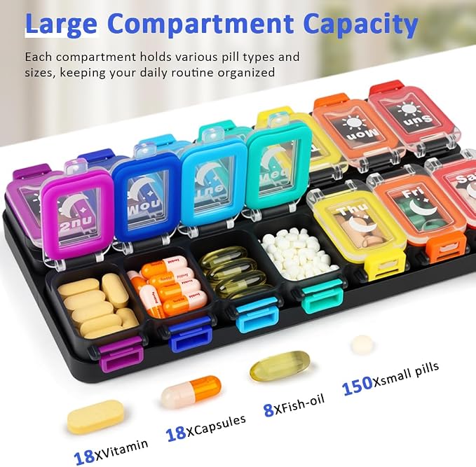 Shintop Weekly Pill Organizer 2 Times a Day, Moisture-Proof Vitamin Box | Secure-Locking Medicine Case, 14 Large Compartments for Fish Oil Supplements, Detachable Rows for Home & Travel, Bold Labels