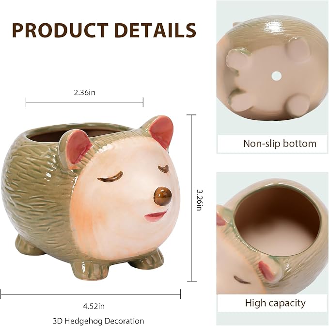 Ceramic Hedgehog Shaped Pen Pencil Holder for Desk Decoration Accessories Hedgehog Decor Makeup Brush Pen Cups Succulent Plant Pot Office School Ideal Gifts for Women, Mom or Birthdays