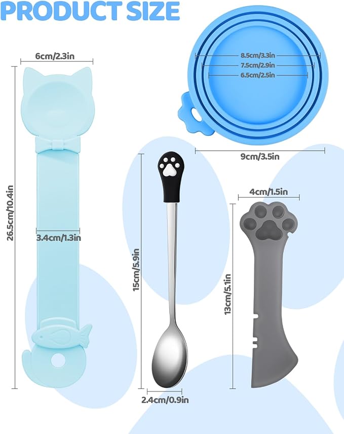 5 PCS Cat Food Can Covers Lids Set, Silicone Pet Food Can Lids with Multi-Function Cat Food Spoon and Opener, Cat Bar Squeezer, Stainless Steel Wet Food Spoon for Cats and Dogs (Blue)