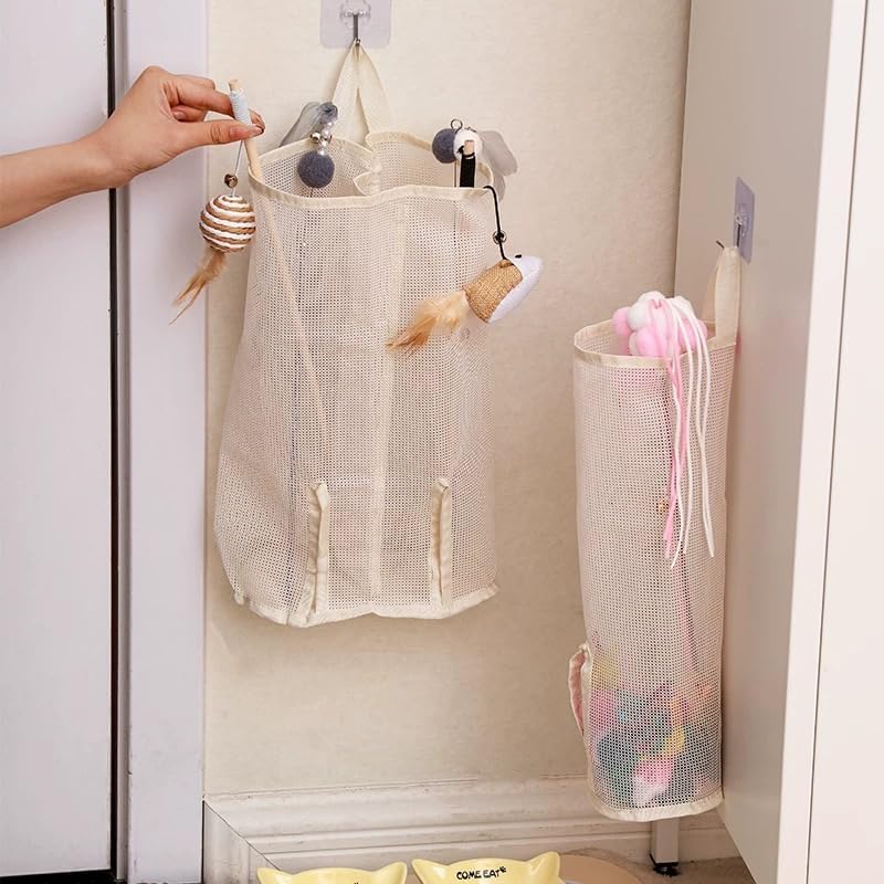 Cat Wand Toy Storage Organizer, Wall Mounted Mesh Holder for Cat Toys, Space-Saving with Adhesive Hooks (Single Compartment)