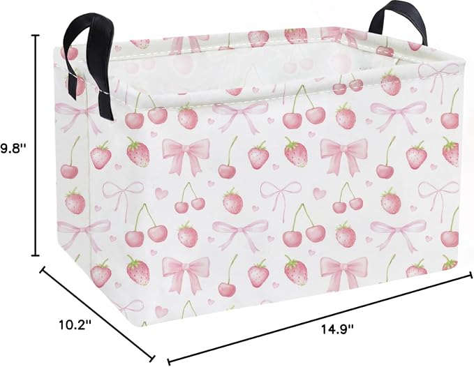 Essme Rectangular Kids Baskets,Girls Storage Basket Pink Bins with Handles for Strawberry Room Decor, Cherry Storage Bin（Strawberry）