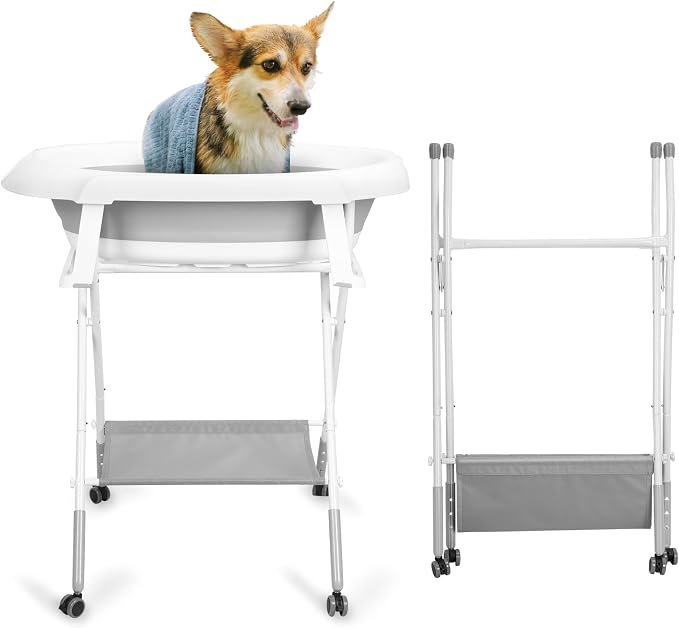 2 in 1 Dog Bathtub Dog Washing Station with Storage Rack Foldable Pet Bath Tub for Bathing and Grooming Collapsible Portable Cats Shower Bathtub with 3 Gears Adjustment & 4 Casters Grey