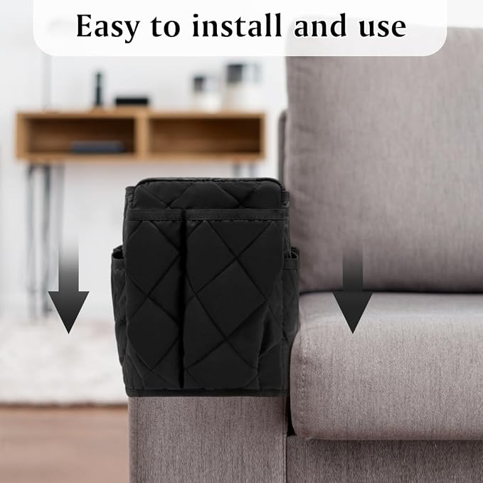 Remote Control Holder, Non Slip Bedside Armchair Caddy, Recliner Arm Caddy Armrest Organizer with 14 Pockets for Cell Phone TV Remote Control Magazines, Black