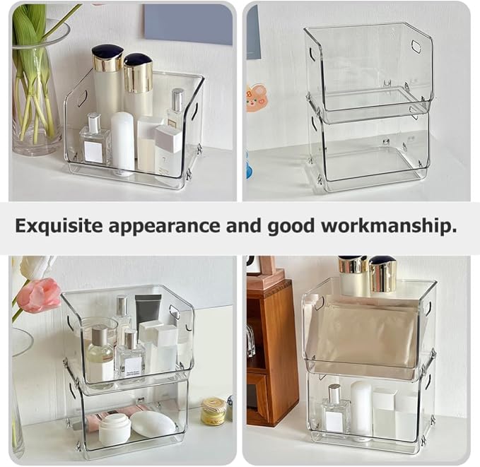 SHINEOFI Stackable Desktop Storage Box with Handles 2Pcs Small PET | Dresser Desktop Use, Multipurpose Organizer for Books and Food, Easy to Clean, Compact Tabletop Set