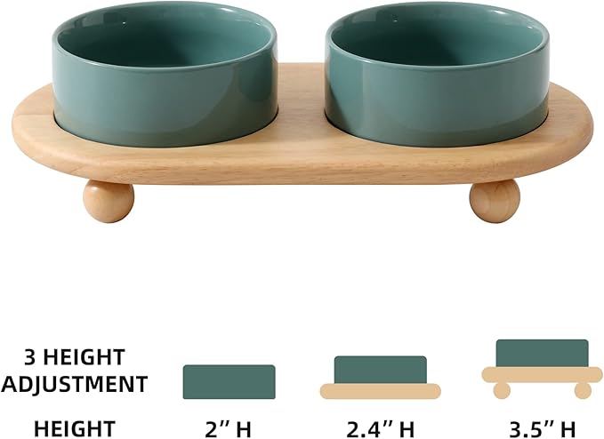 Havniva Ceramic Elevated Cat Food and Water Bowl, Kitty Bowl, Raised Cat Dish, Pet Feeder (5.1 in, 2 x Dark Green + Stand)