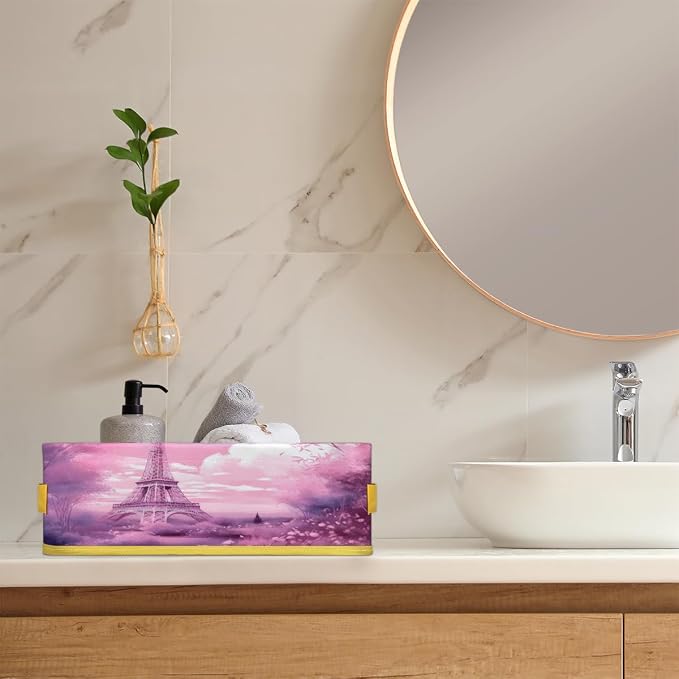 Eiffel Tower Paris Bathroom Storage Basket Waterproof Foldable Storage Bins with Handles Decorative Toilet Paper Storage Basket for Organizing for House Bathroom Toiletries