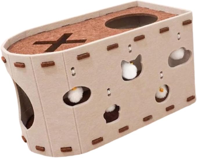 Cat House Scratch Condo Pet Toys Meal Claws Scratches with an Interactive Hole Felting Bed for Several Cats, Beige