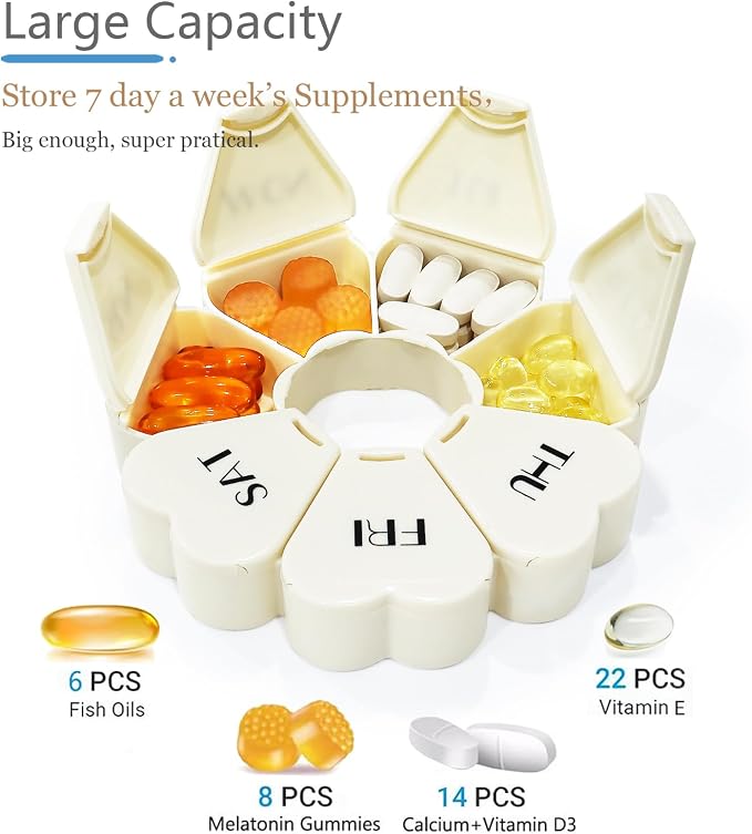 MOLN HYMY Large Weekly Pill Box 7 Day, Cute Pill Case Organizer 1 time a Day, Floral Pill Container Once Daily, Pretty Medicine Dispenser for Vitamin/Fish Oil/Medication/Supplements (Milky White)