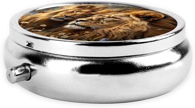 Couple Lions in Love Portable Pill Organizer | 3 Compartment, With Mirror, For Men Women, For Daily Supplements, Vitamins, Fish Oil, Jewelry, Candy, Travel