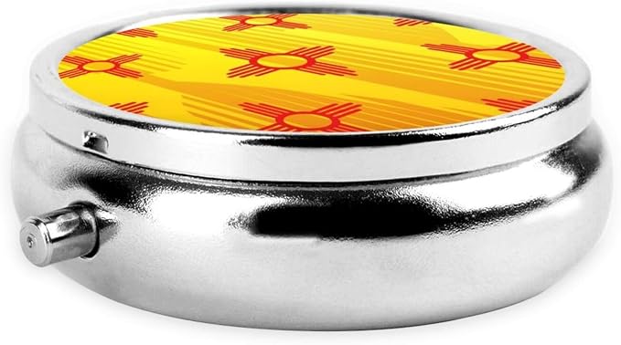 Round Pill Case, Shiny Grunge Flag New Mexico Portable Mini Holder, Travel Organizer with Mirror, Pocket Purse Box for Daily Meds