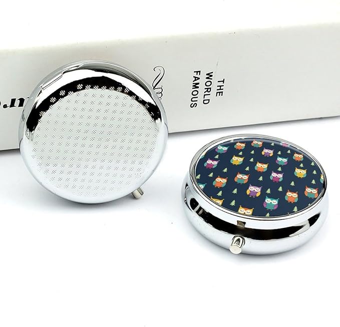 Small Pill Holder, Owl Round Waterproof Organizer, Travel Case for Vitamins, Pocket Purse Box for Daily Fitness
