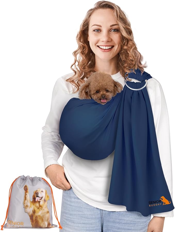 Dog Sling Carrier for Small Dogs, Adjustable Cat Sling Carrier, Navy Blue | Hands-Free Front Carry Chest, Soft Breathable Fabric Wrap, Puppy/Kitten/Pets Up to 15 lbs, Machine Washable, Anti-Anxiety