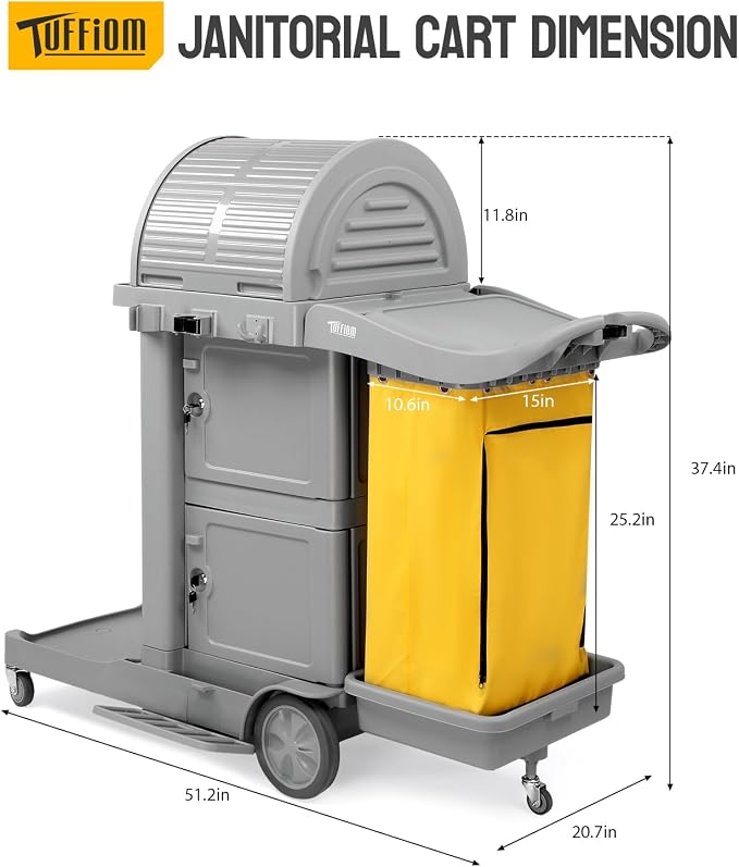 TUFFIOM Janitorial Cart on Wheels, 3 Shelf Commercial Cleaning Cart with Key Locking-Cabinet, Grey Housekeeping Cart with Locker and Cleaning Bag, for Hotel, Business, Office, Stadium Use