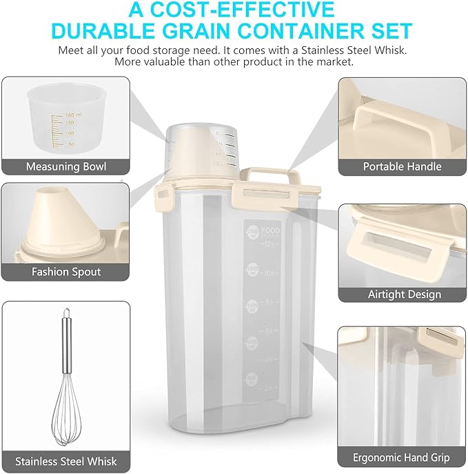Uppetly Rice Airtight Dry Food Storage Containers, BPA Free Plastic Storage Bin Dispenser with Pourable Spout, Measuring cup for Cereal, Flour and Baking Supplies, Include a Stainless Steel Whisk